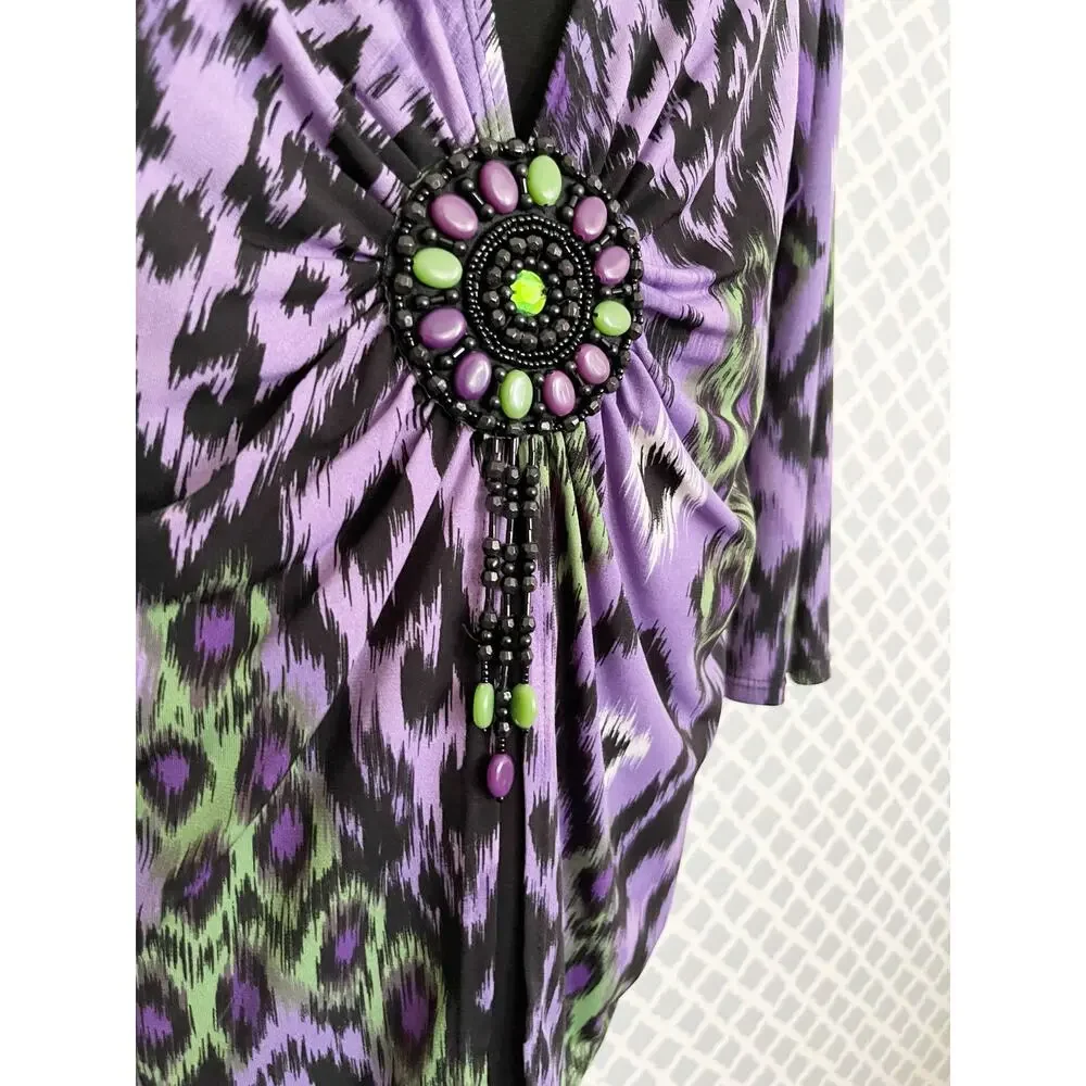 NOTATIONS Purple Geometric Blouse M | Beaded Accent Layered Top